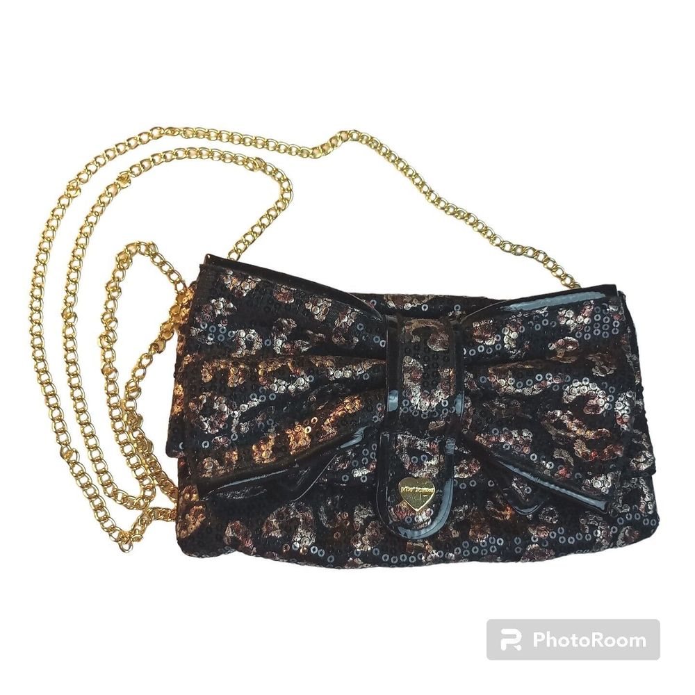Betsey Johnson Black & Gold Sequin Bling Big Bow Wallet Clutch Crossbody